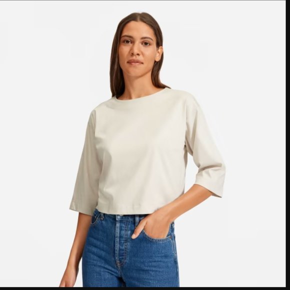 Everlane Luxe Cotton Mock Neck Long Sleeve T-Shirt (XS) COLOR IS BONE (NOT BLUE) - Picture 3 of 3